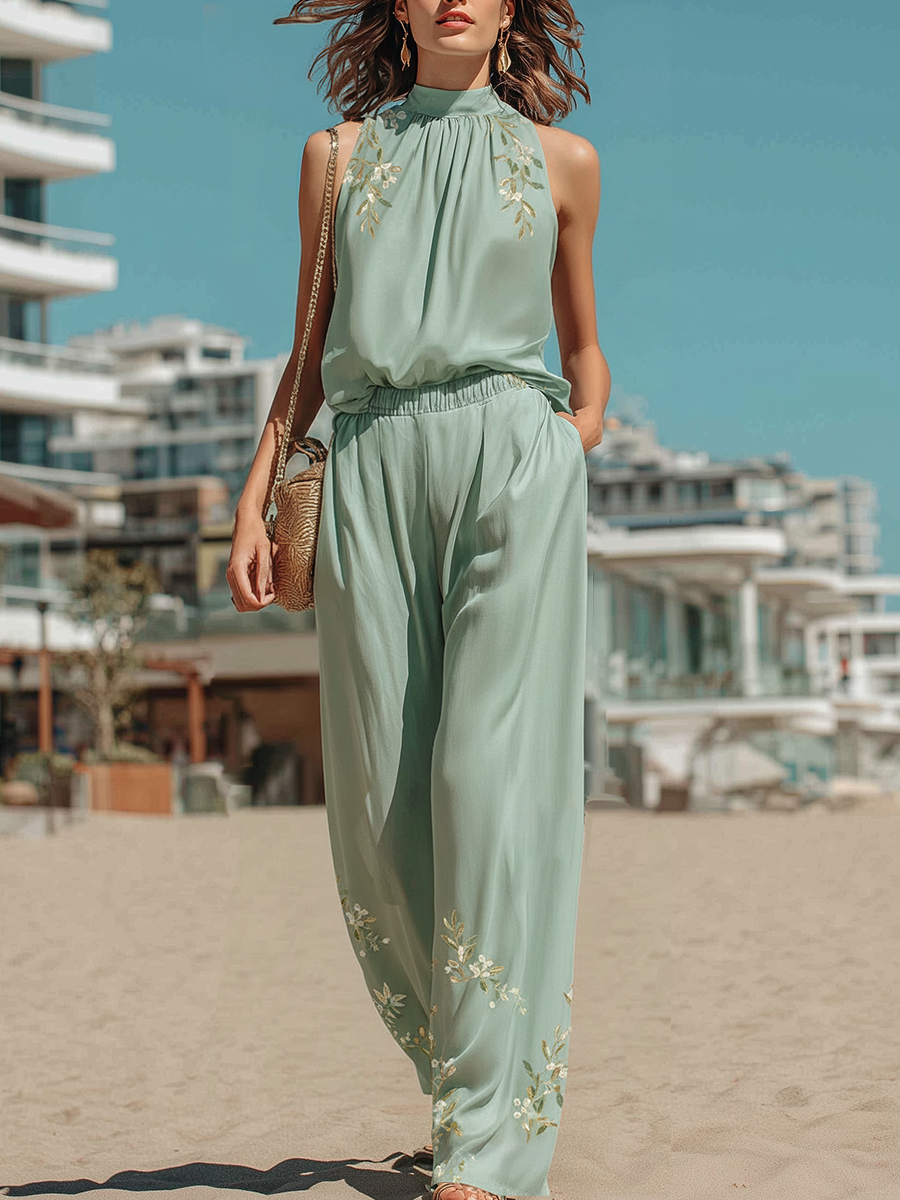 Vacation-style Cotton Sleeveless Turtleneck Embroidered Top And Pants Set