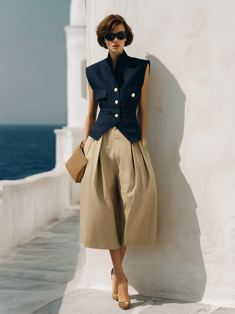 Stylish Vacation Navy Blue Vest And Light Khaki Wide-leg Cropped Trousers Set