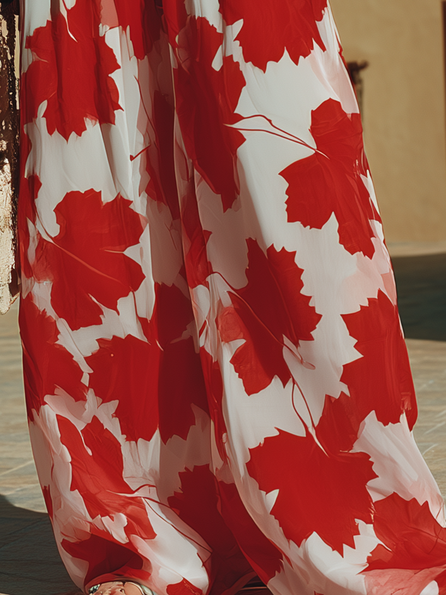 Vacation-Style Loose-Fit Maple Leaf Print Wide-Leg Trousers