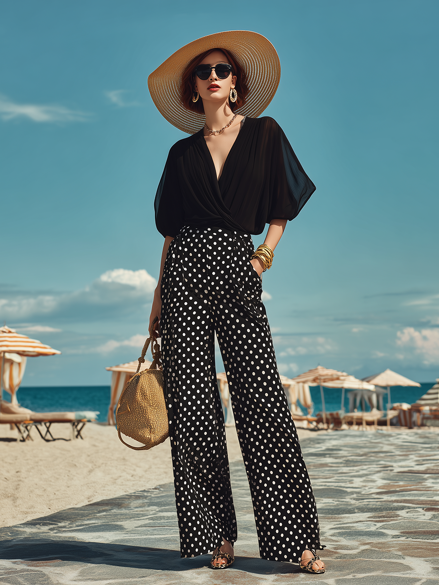 Resort-style Black V-neck Short-sleeved Top And Polka Dot Wide-leg Pants Set