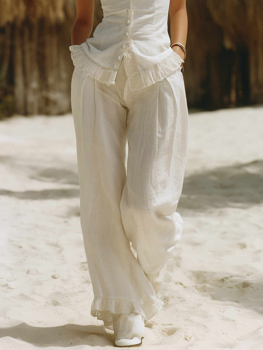 Bohemian Style White Cotton Linen Lace-trimmed Vest And Wide-leg Pants Set
