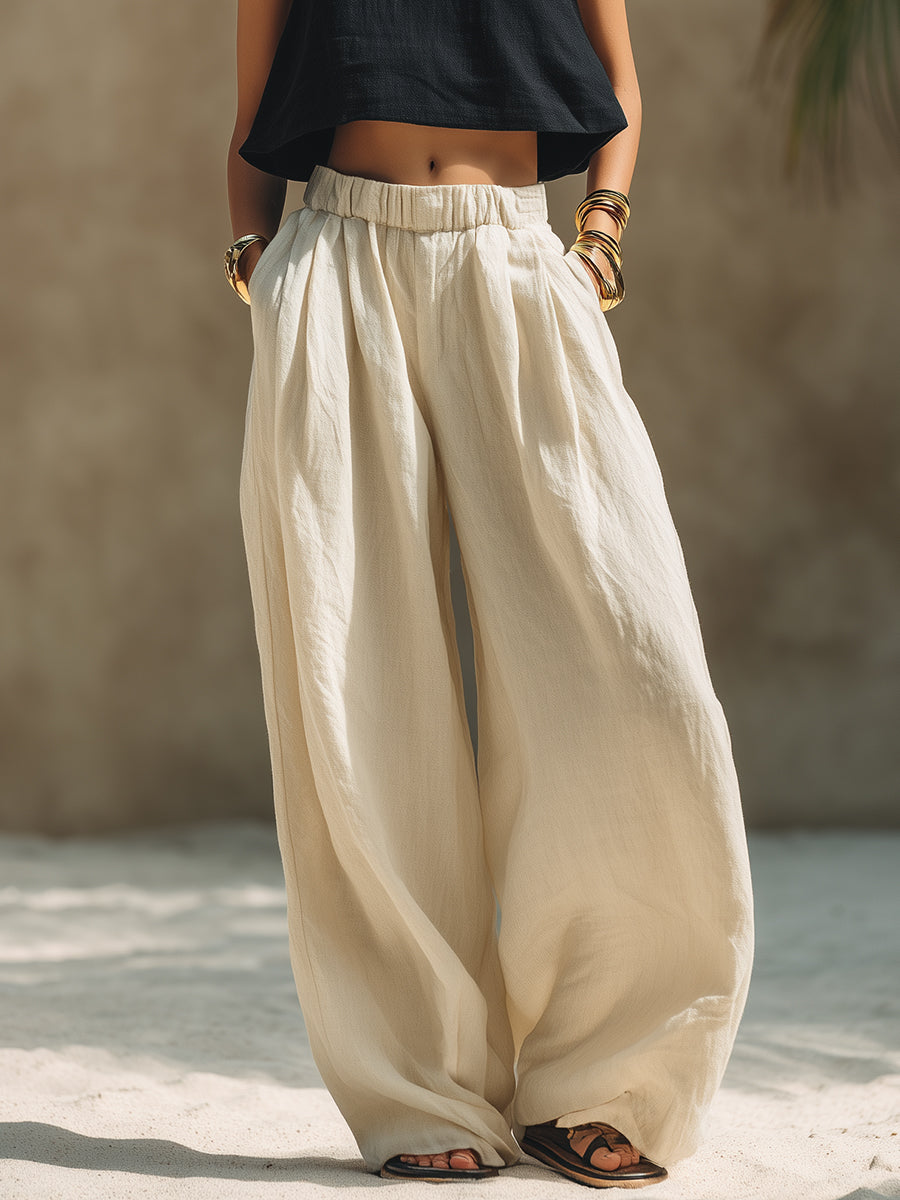 Casual Minimalist Black Cotton Linen Turtleneck Sleeveless Top And Off-white Loose-fitting Trousers Set