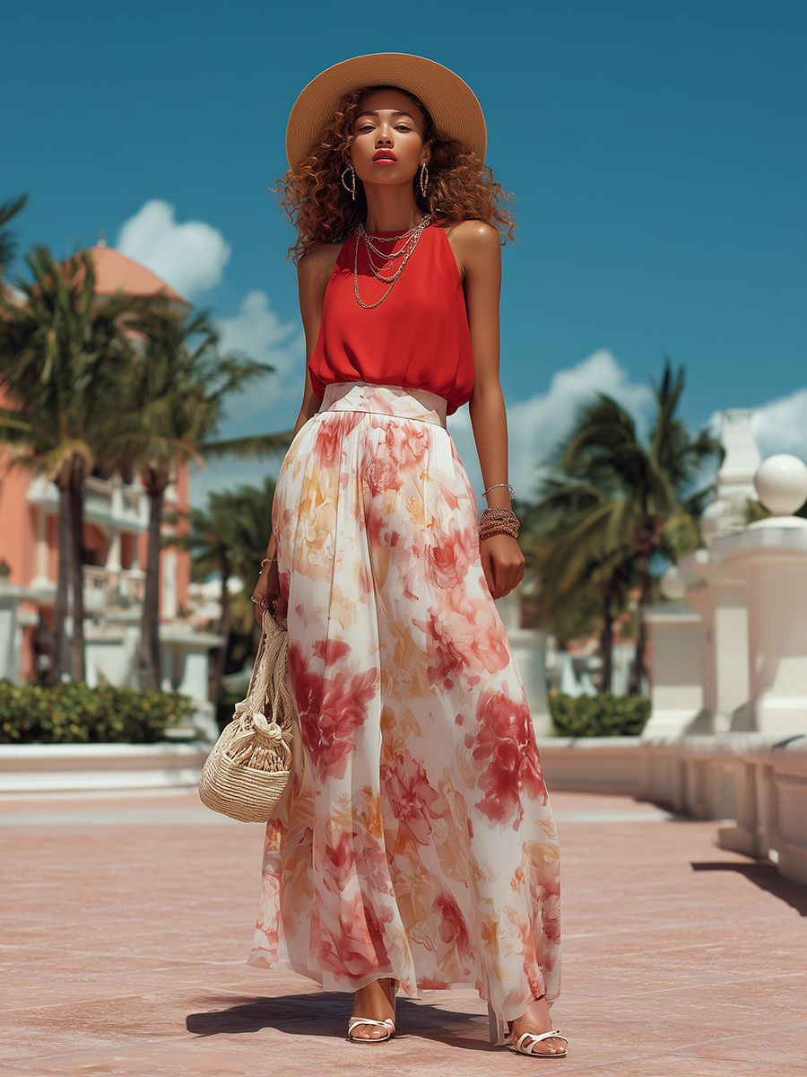 Vacation-Style Red Sleeveless Top And Printed Skirt Set