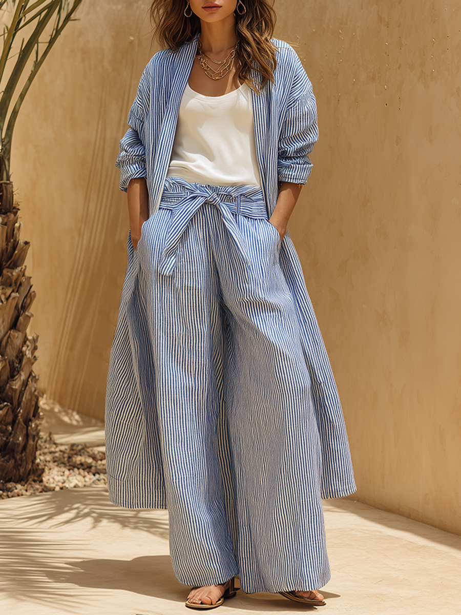 Casual Vacation Style Blue And White Striped Long Cotton And Linen Shirt And Wide-leg Pants Set