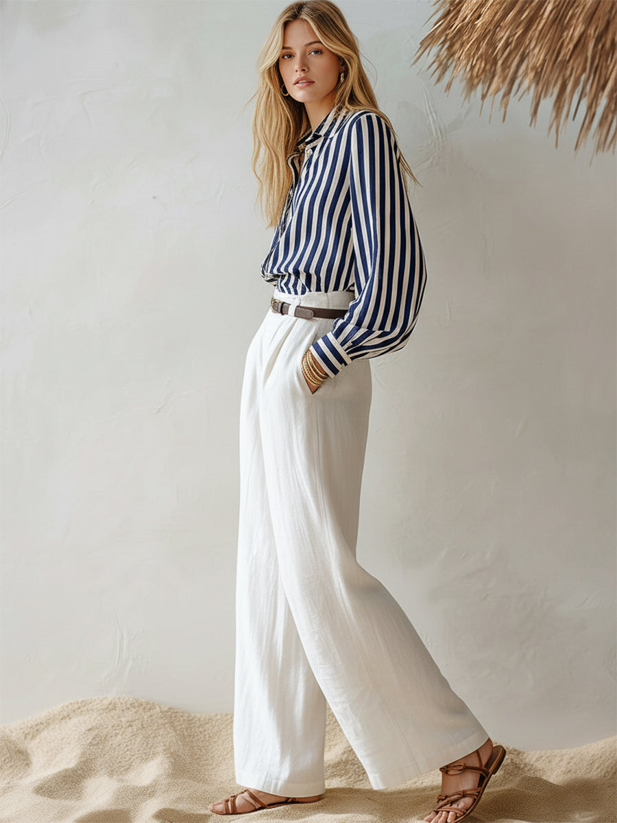 Casual Navy Blue And White Striped Collared Shirt And White Wide-leg Pants Set