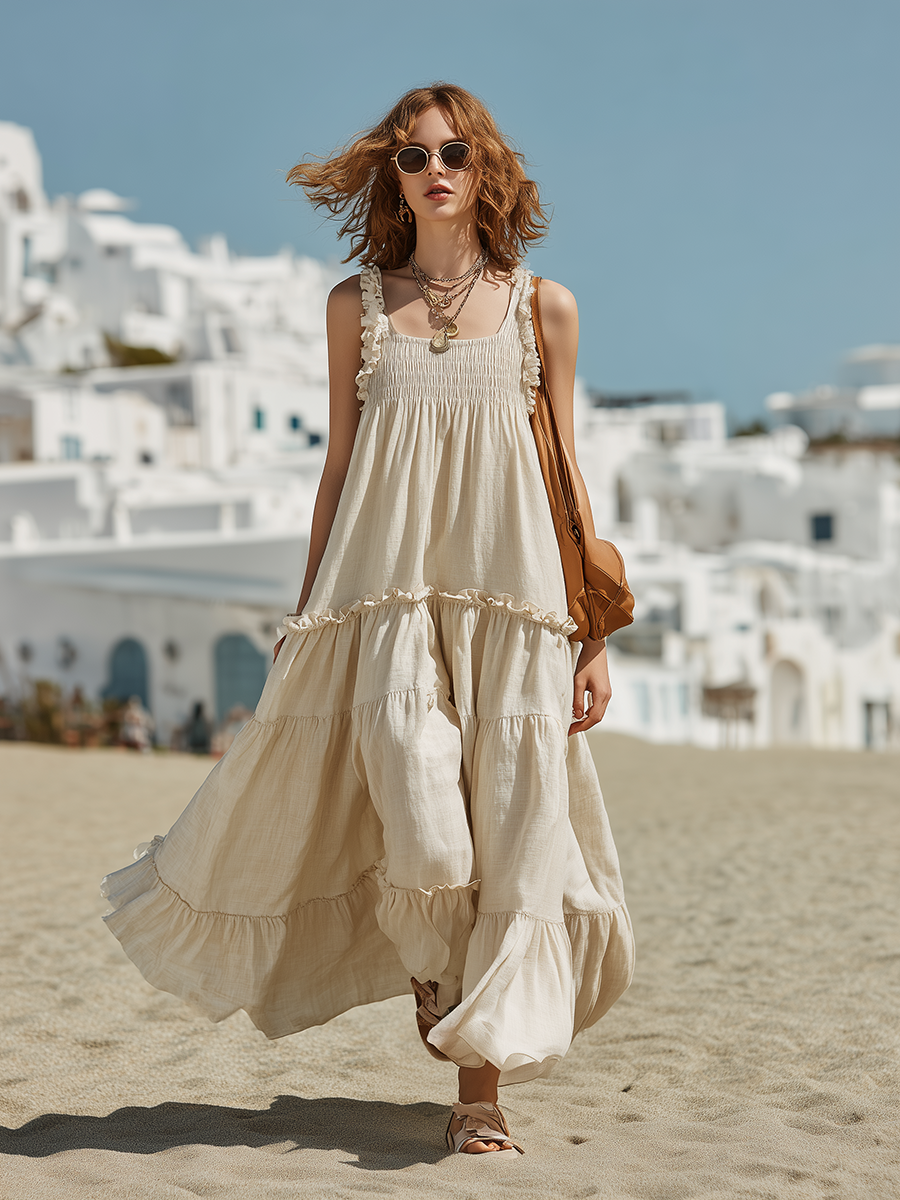 Vacation-style Cotton And Linen Sleeveless Off-the-shoulder Maxi Dress