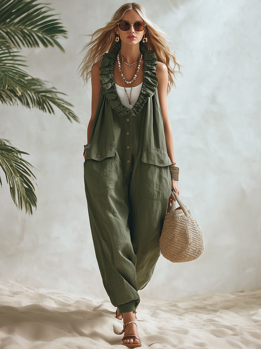 Bohemian Resort Style Olive Green Cotton Linen With Ruffled Neckline And Buttons Loose-fitting Jumpsuit.