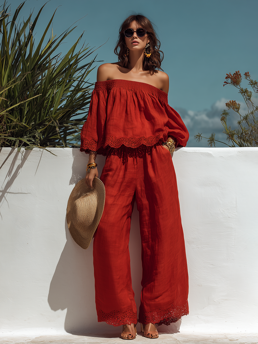 Elegant Bohemian Lace-trimmed Off-the-shoulder Top And Wide-leg Pants Red Set
