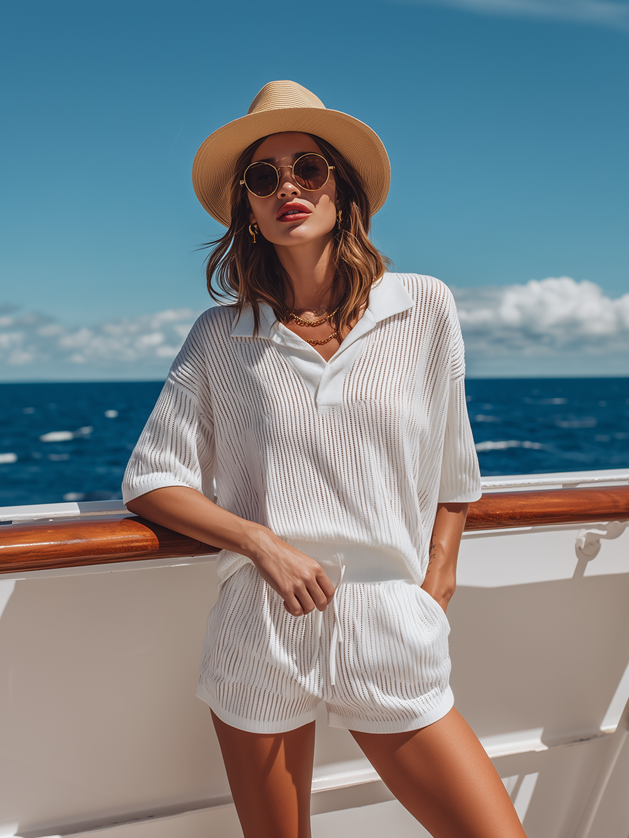 Casual Beach Sports White Knitted Short-sleeved Top And Shorts Set