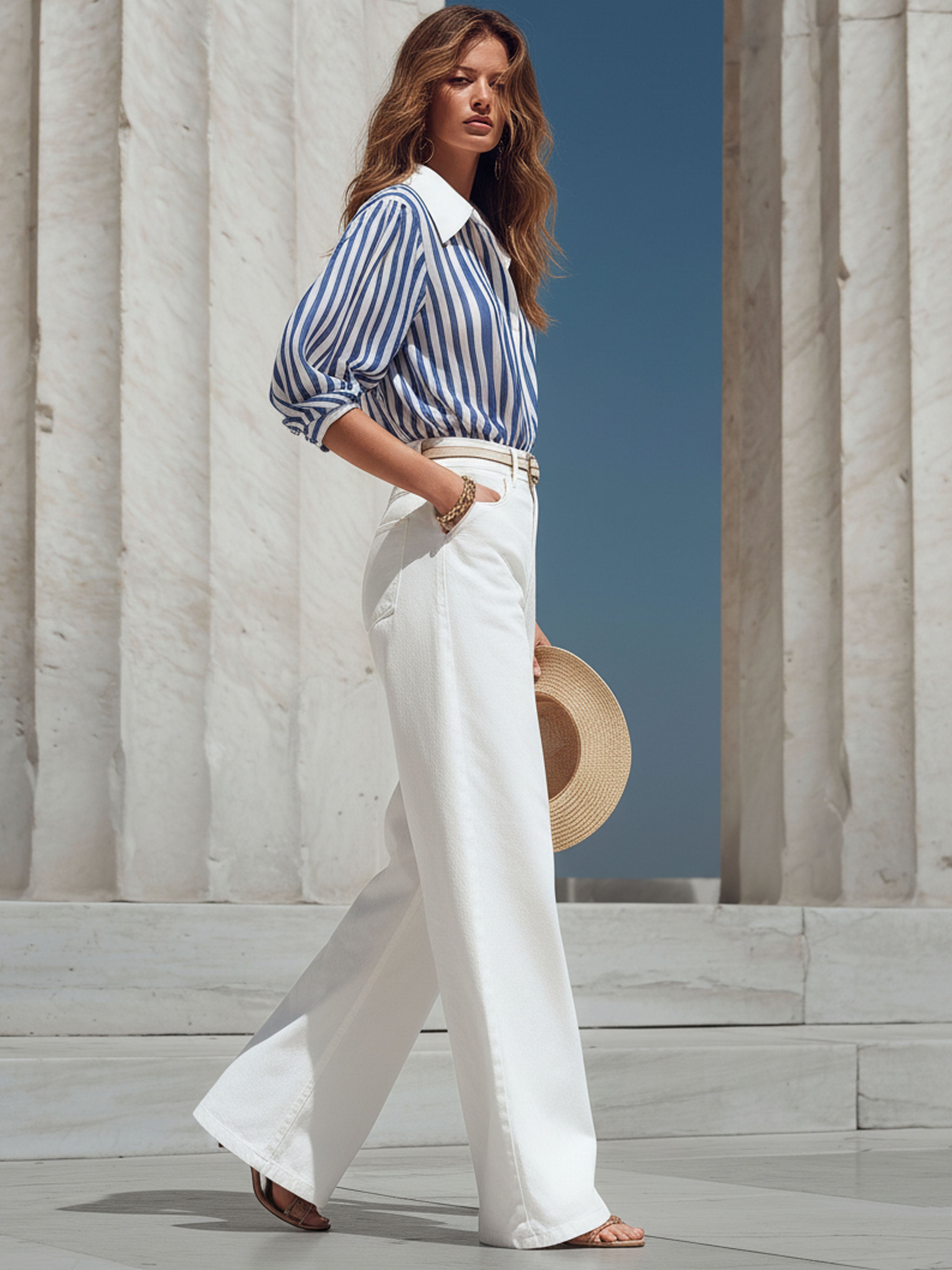 French-Style Chiffon Blue And White Striped Sheer Shirt With White Shirt Collar And Belted Trousers Set