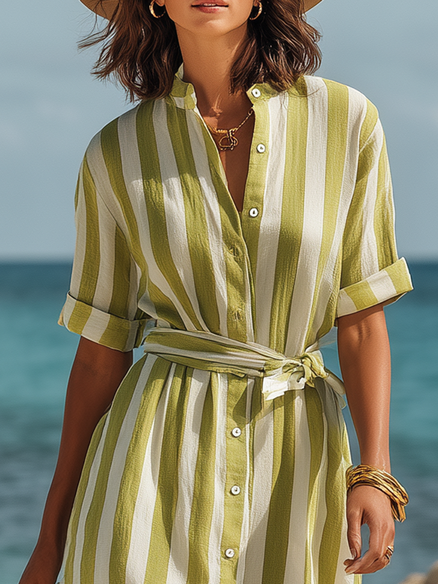 Simple Vacation-style Cotton And Linen Striped Short-sleeved Shirt Midi Dress