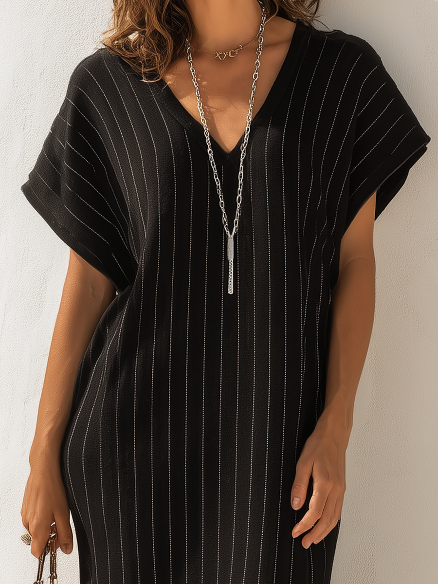 Resort-style Black Striped V-neck Slit Maxi Dress