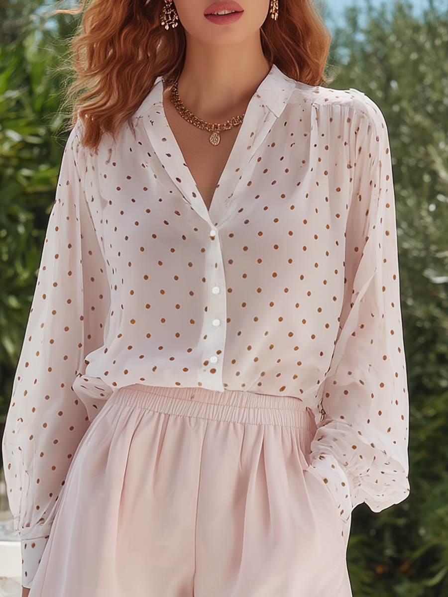 Vacation-Style Polka-Dot White Top And Loose Pink Shorts Set