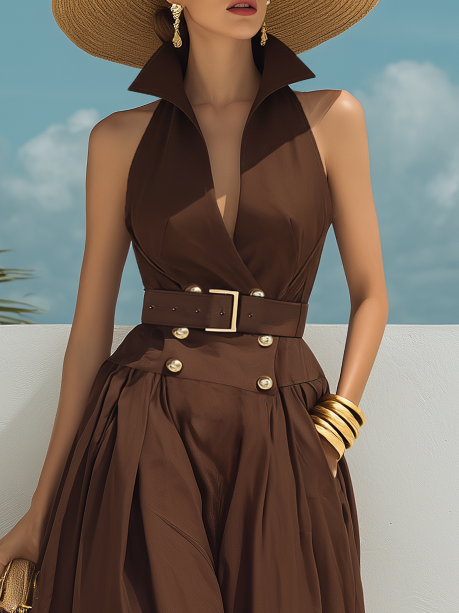 Stylish And Elegant Sleeveless Brown Lapel Maxi Dress