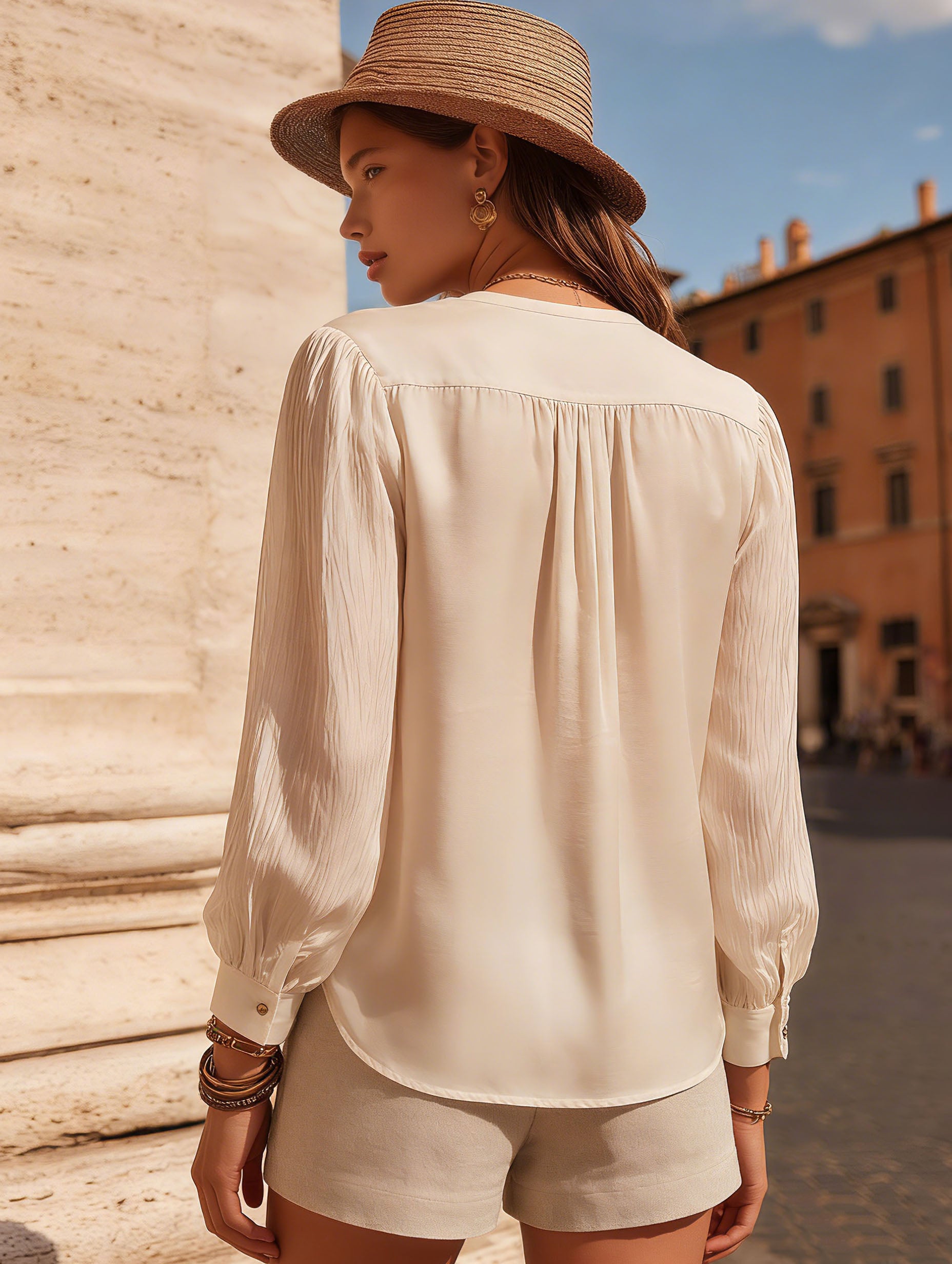 Vacation-Style Sheer Chiffon Off-White Long-Sleeved Top And Shorts Set