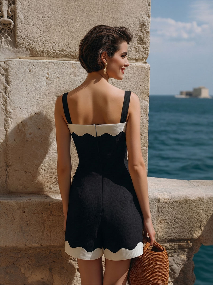 Elegant Vacation Contrasting White Wave Accents Black Shorts Jumpsuit