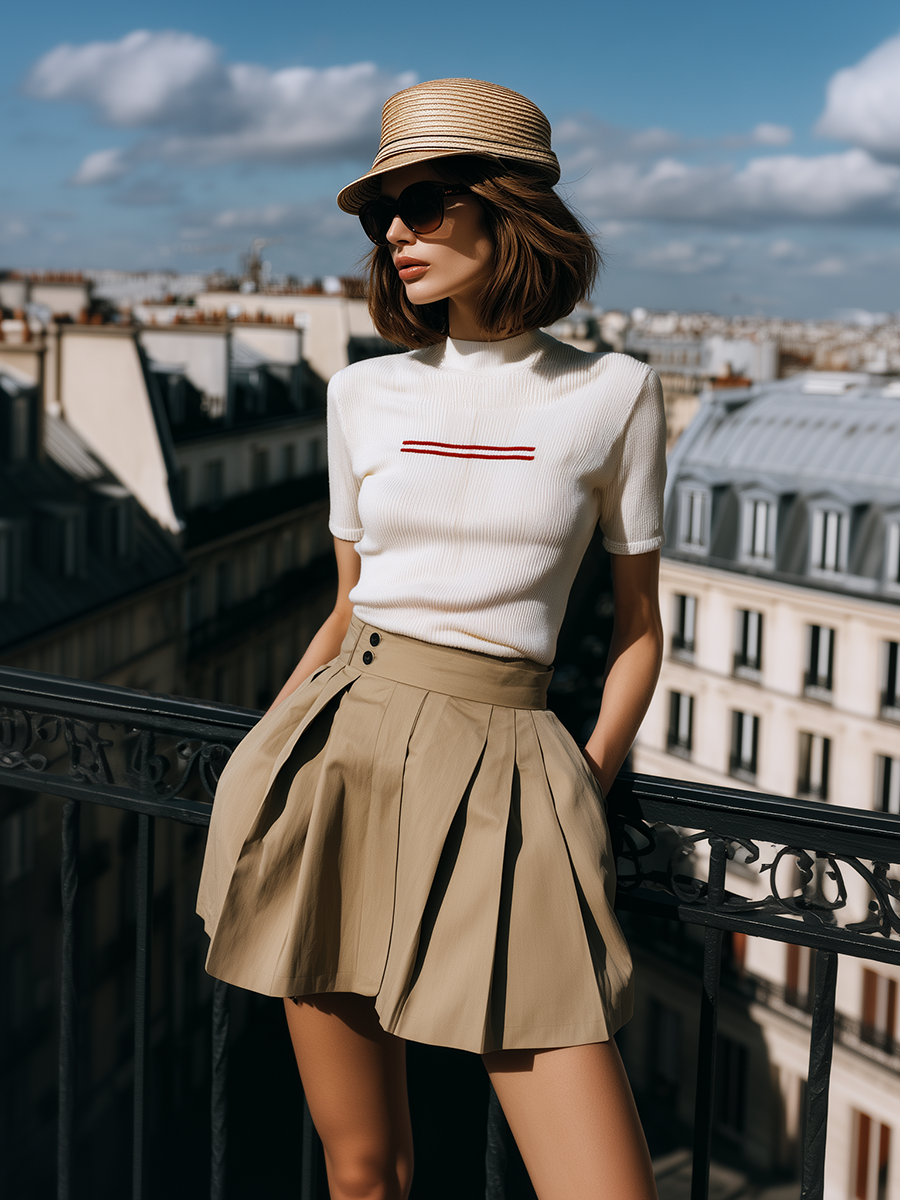 Stylish Retro White Short-sleeved Knit Top And Khaki Pleated Skirt Set