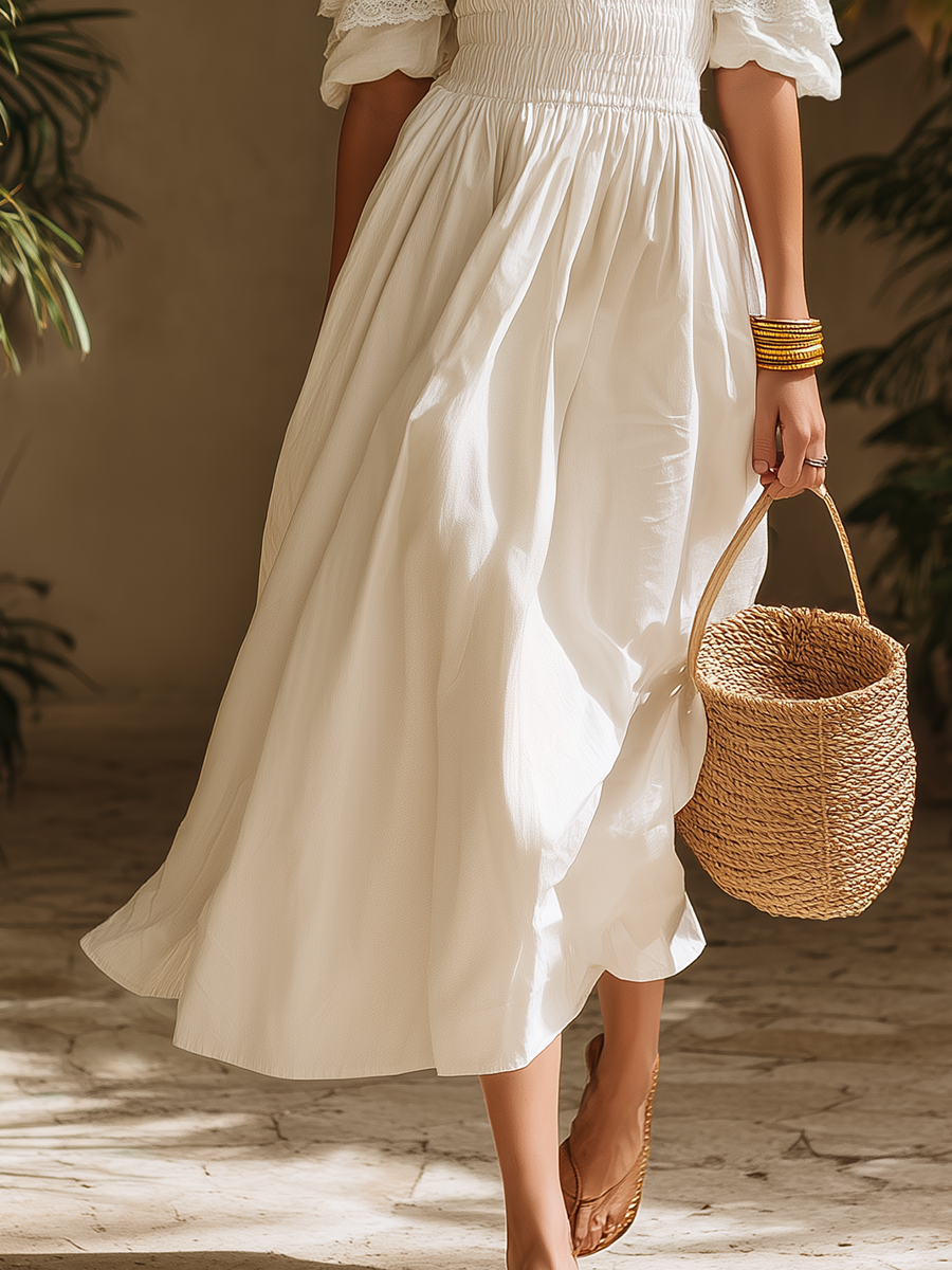 Elegant Vacation Short-sleeved Ruffled White Cotton And Linen Maxi Dress