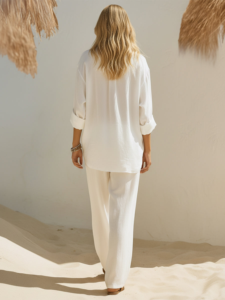 Mediterranean Minimalist Embroidered White Cotton Linen V-neck Top And Wide-leg Pants Set