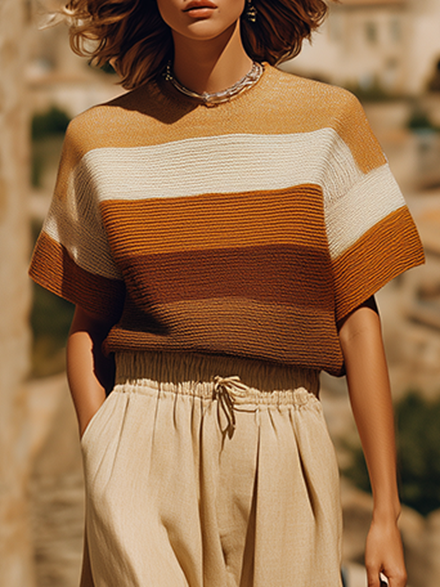 Bohemian Style Knitted Color-block Top And Cotton And Linen Trousers Set