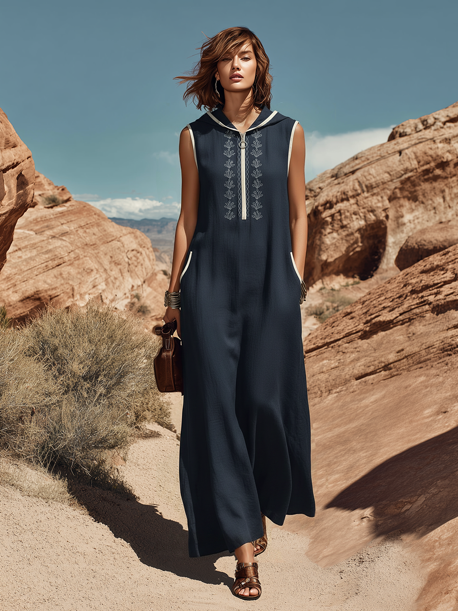 Bohemian Style Sleeveless Hooded Embroidered Maxi Dress
