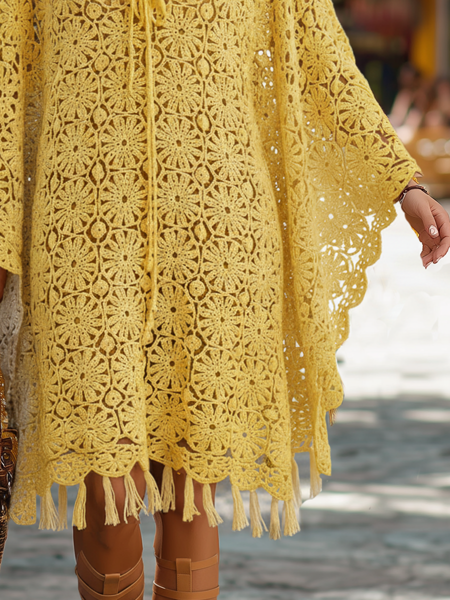 Bohemian V-Neck Yellow Crochet Cover-up Mini Dress