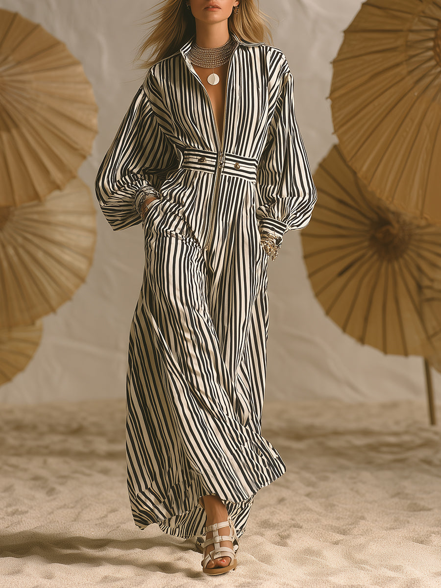 Mediterranean-style Black And White Striped Zip-up Maxi Dress