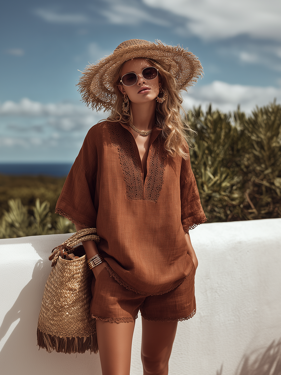 Loose-fitting Resort-style Brown Lace Trim Short-sleeved Top And Shorts Set