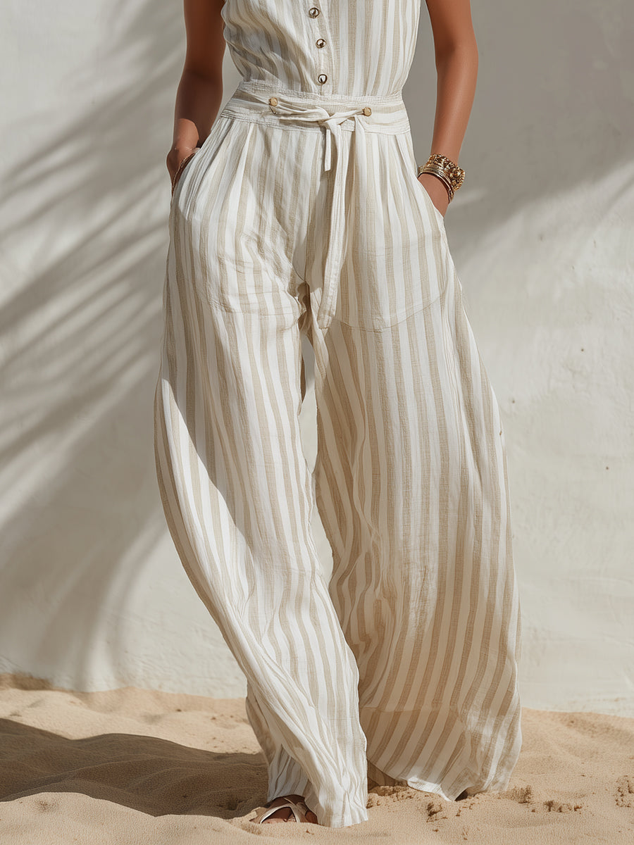 Minimalist Casual Beige Striped Chiffon Collared Sleeveless Shirt And Wide-leg Pants Set