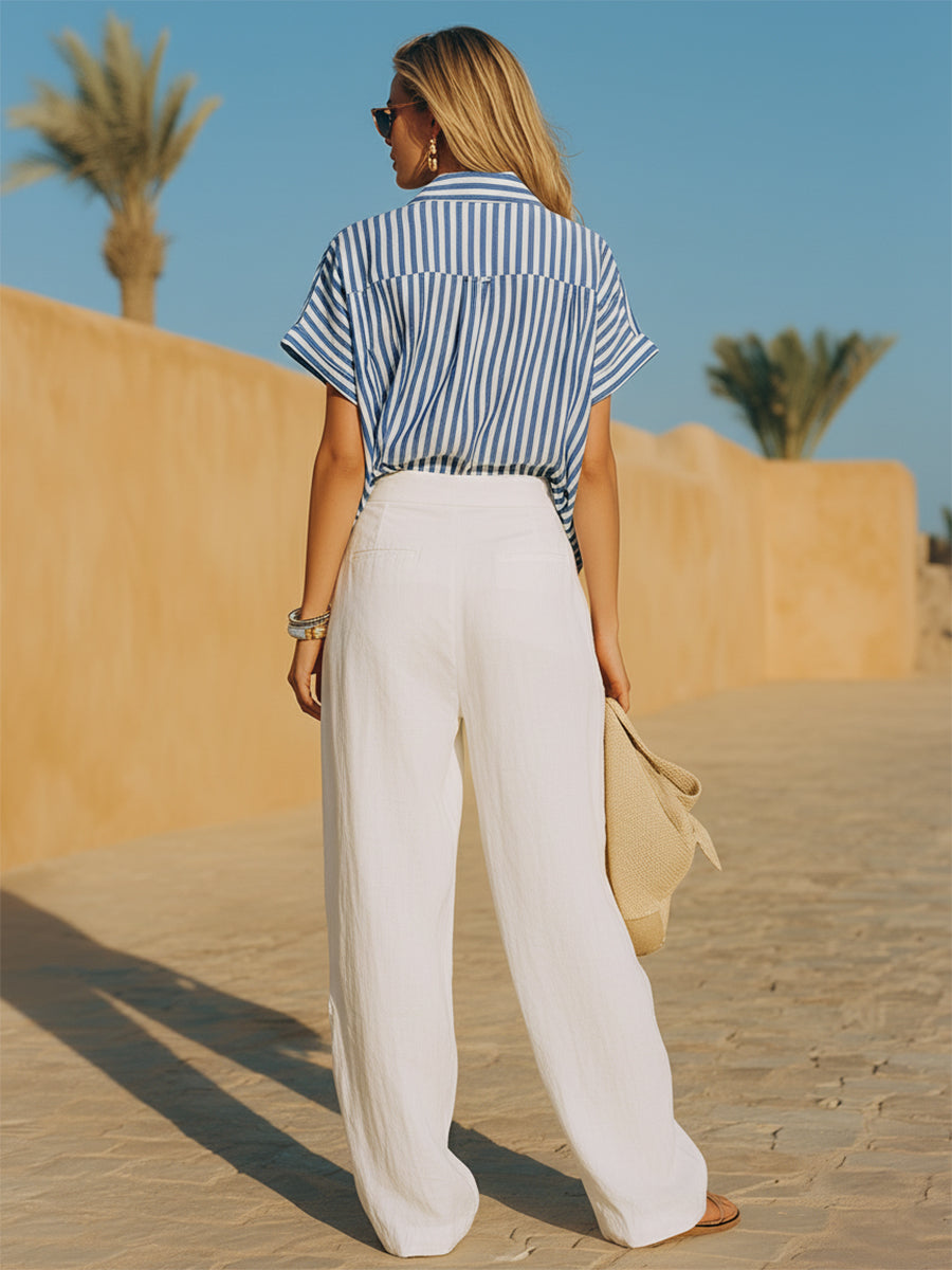Coastal Style Blue And White Striped Shirt And White Loose-fitting Trousers Set