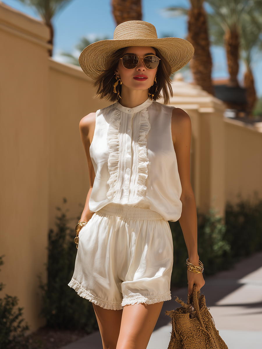 Romantic Bohemian Ruffled Satin Top And Shorts Set