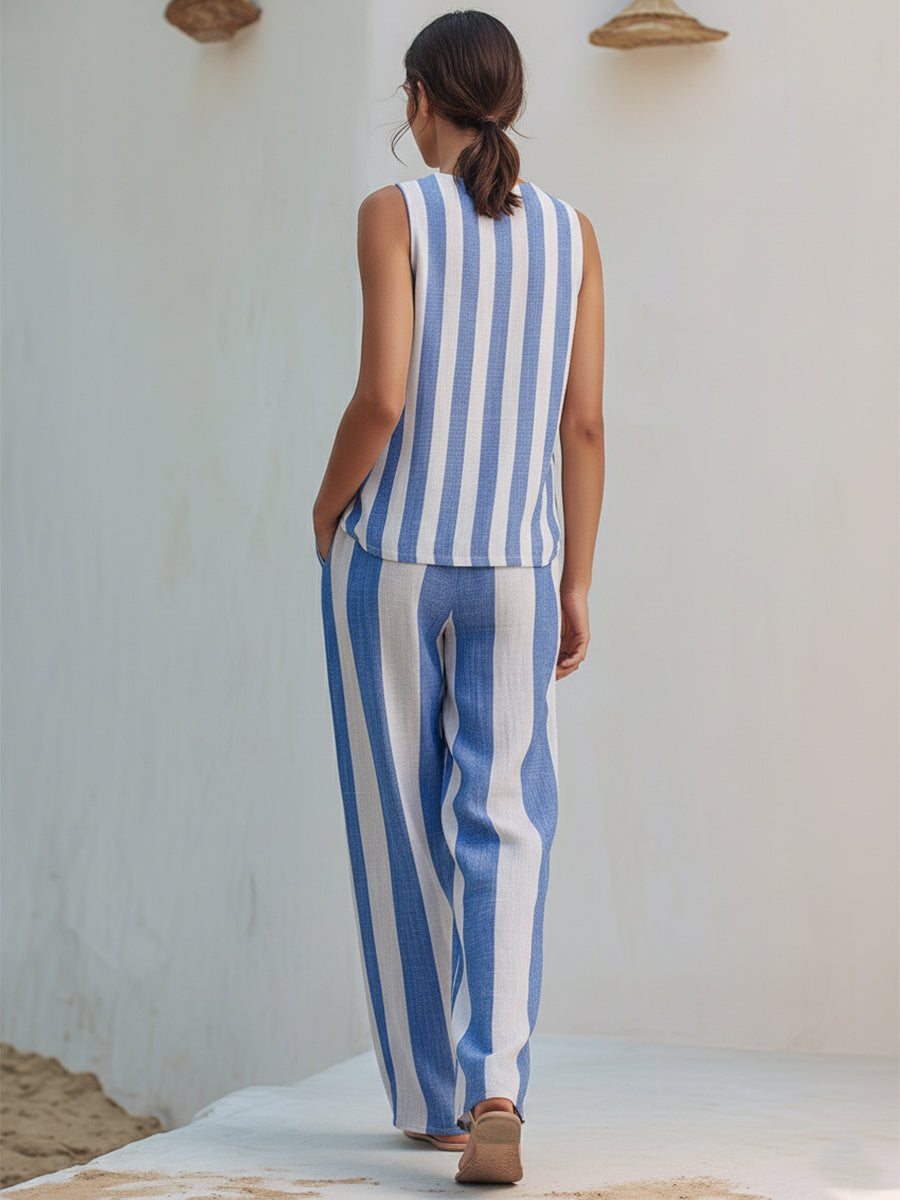 Mediterranean Blue And White Striped Sleeveless Top And Wide-leg Pants Set