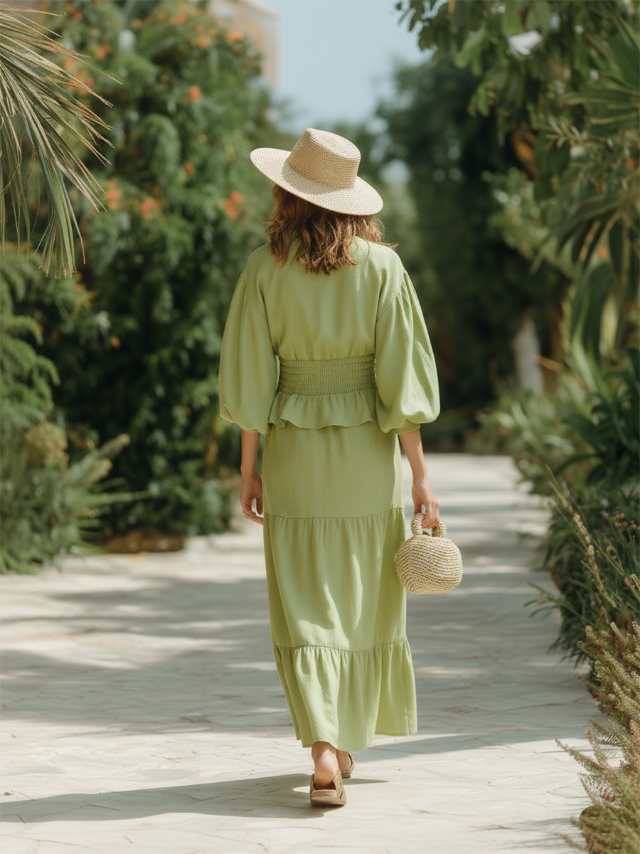 Vacation-style Cotton And Linen V-neck Long-sleeved Maxi Dress