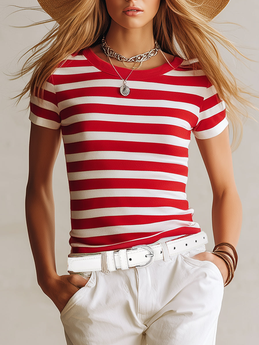 Fashionable And Casual Red And White Striped T-shirt And White Straight-leg Pants Set