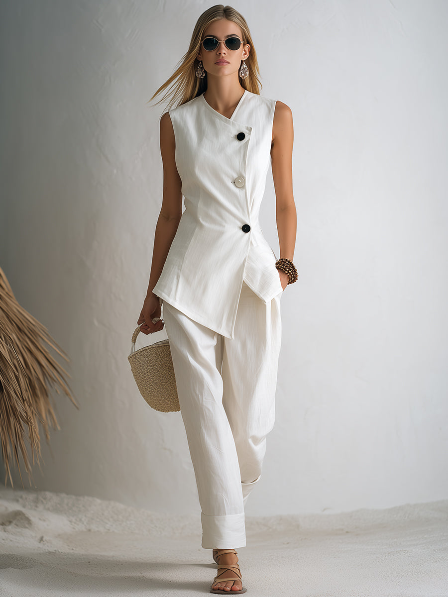 Minimalist Vacation White Cotton Linen Sleeveless Asymmetrical Neckline Contrasting Button Vest With Turned-Up Hem Pants Set