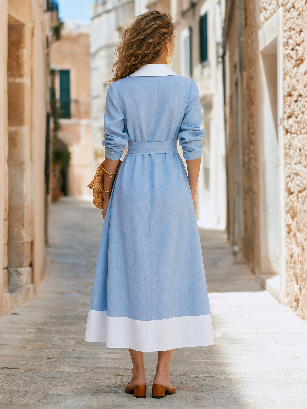 Elegant Contrast-Collar Belted Sky Blue Midi Dress