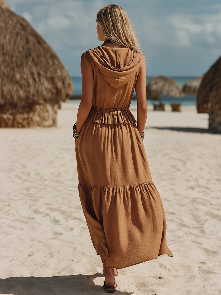 Casual Vacation Brown Ruffled Zip-up Sleeveless Hooded Midi Dress