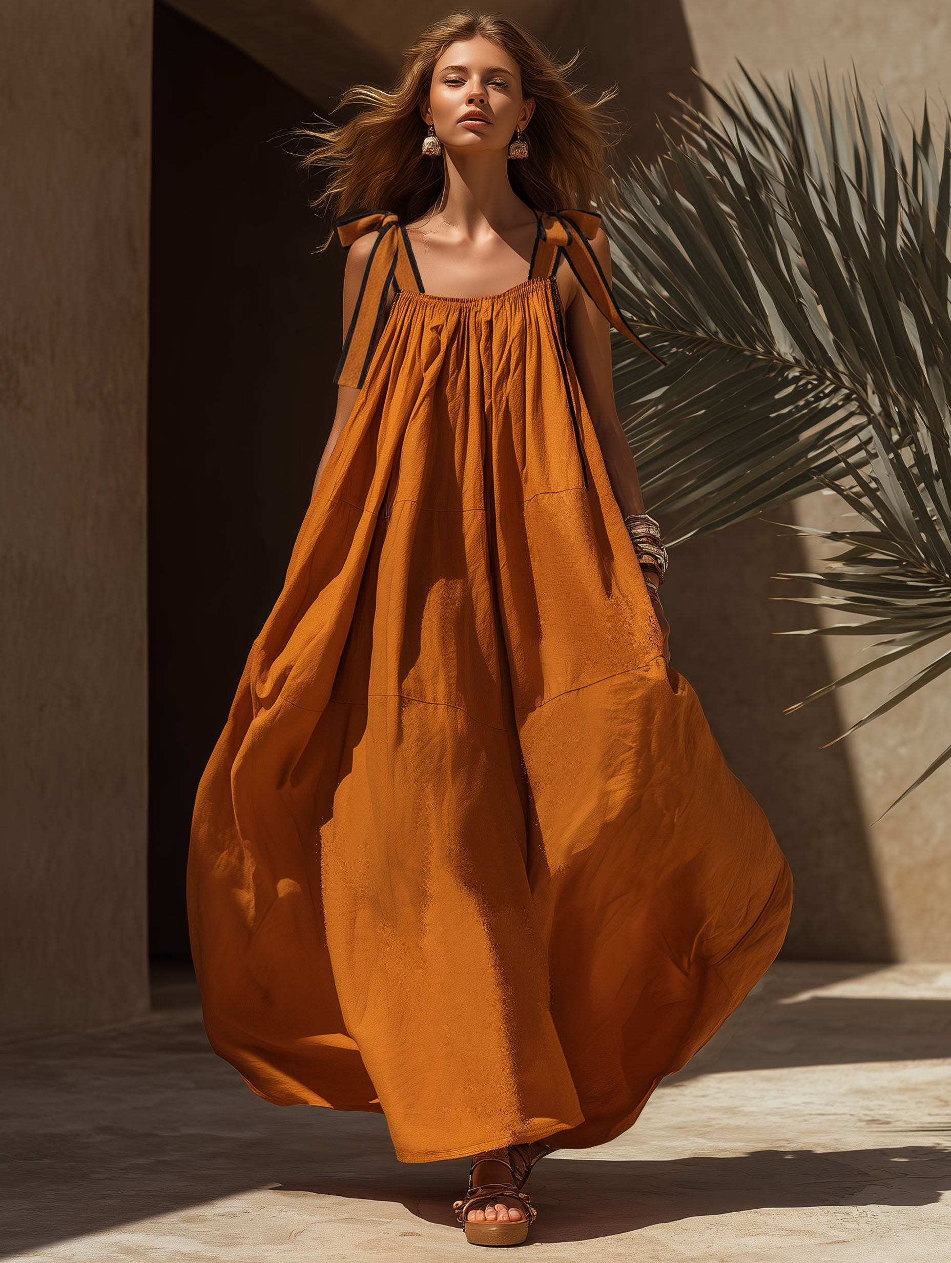 Elegant Orange Cotton Linen Bow Tie Maxi Dress