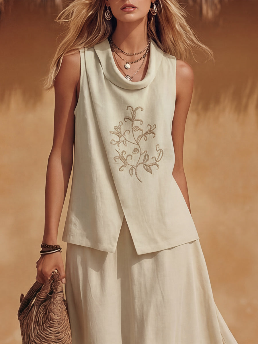 Bohemian Coast Sleeveless Beige Cotton Linen Draped Neck Embroidered Top And Tassel-Trimmed Cotton Linen Skirt Set