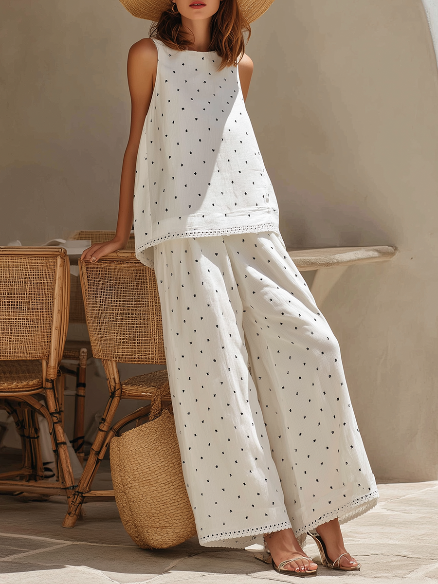 Minimalist Resort Black Polka-Dot Sleeveless Top With Lace Trim And Wide-Leg Pants Cotton-Linen Matching Set