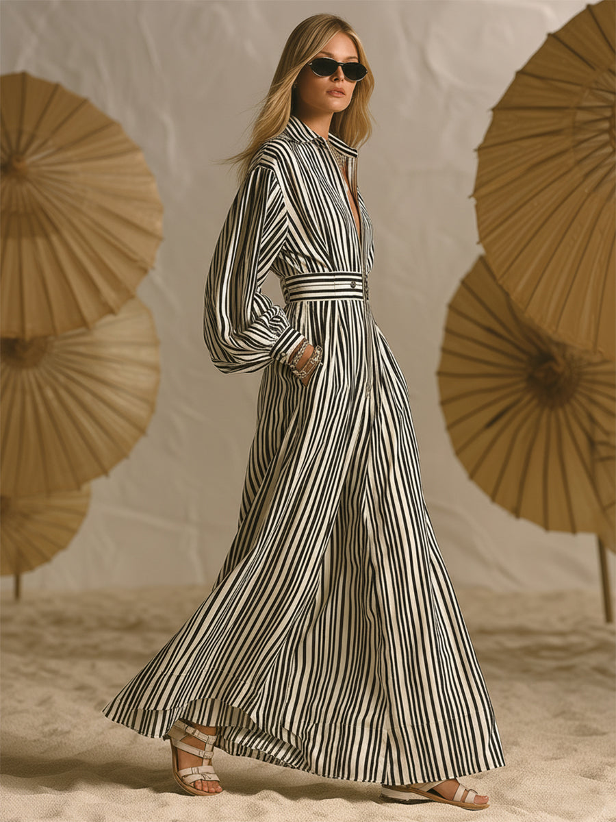 Mediterranean-style Black And White Striped Zip-up Maxi Dress