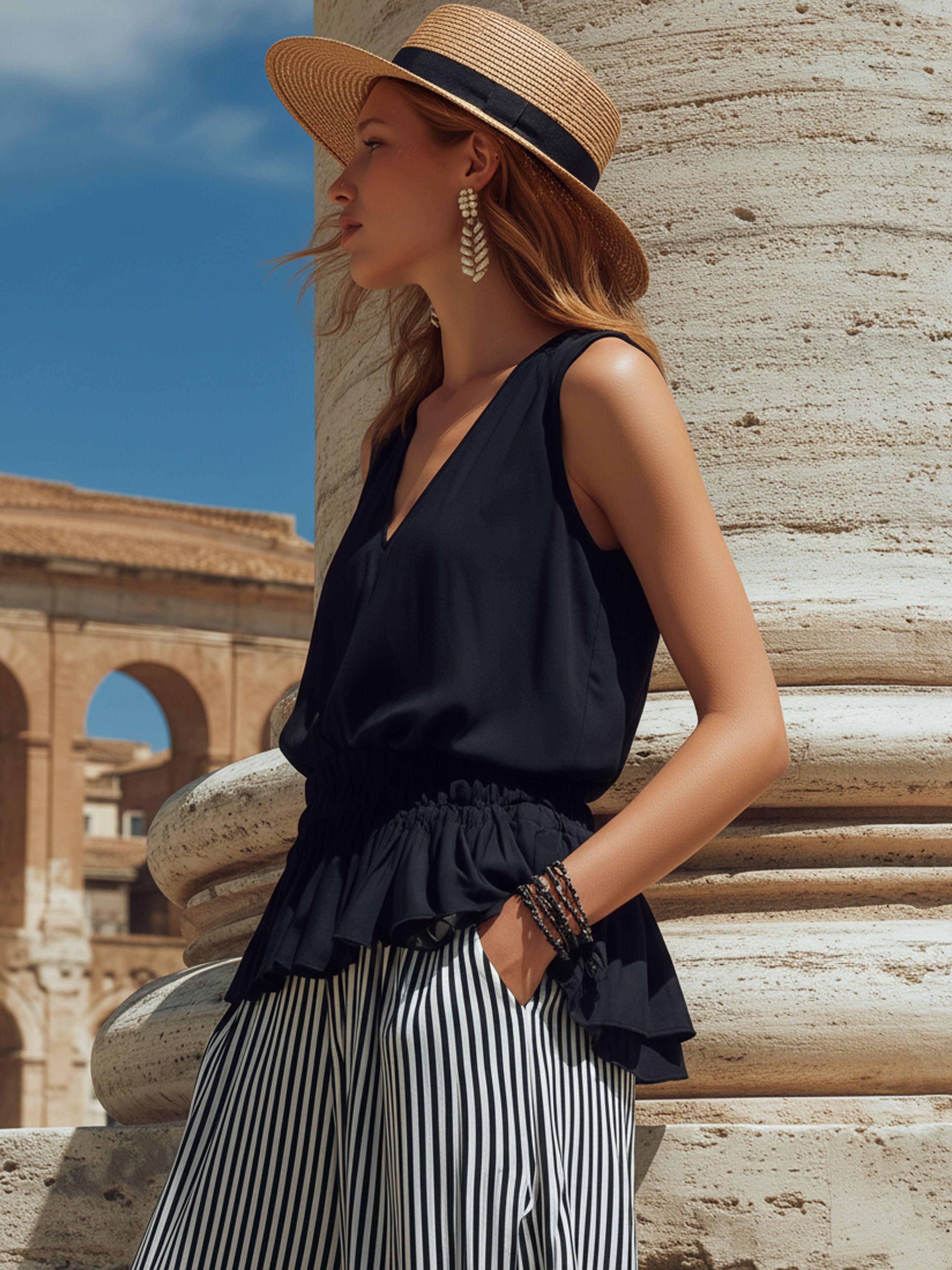 Elegant  Vacation-style Navy Blue Chiffon V-neck Sleeveless Ruffled Hem Top