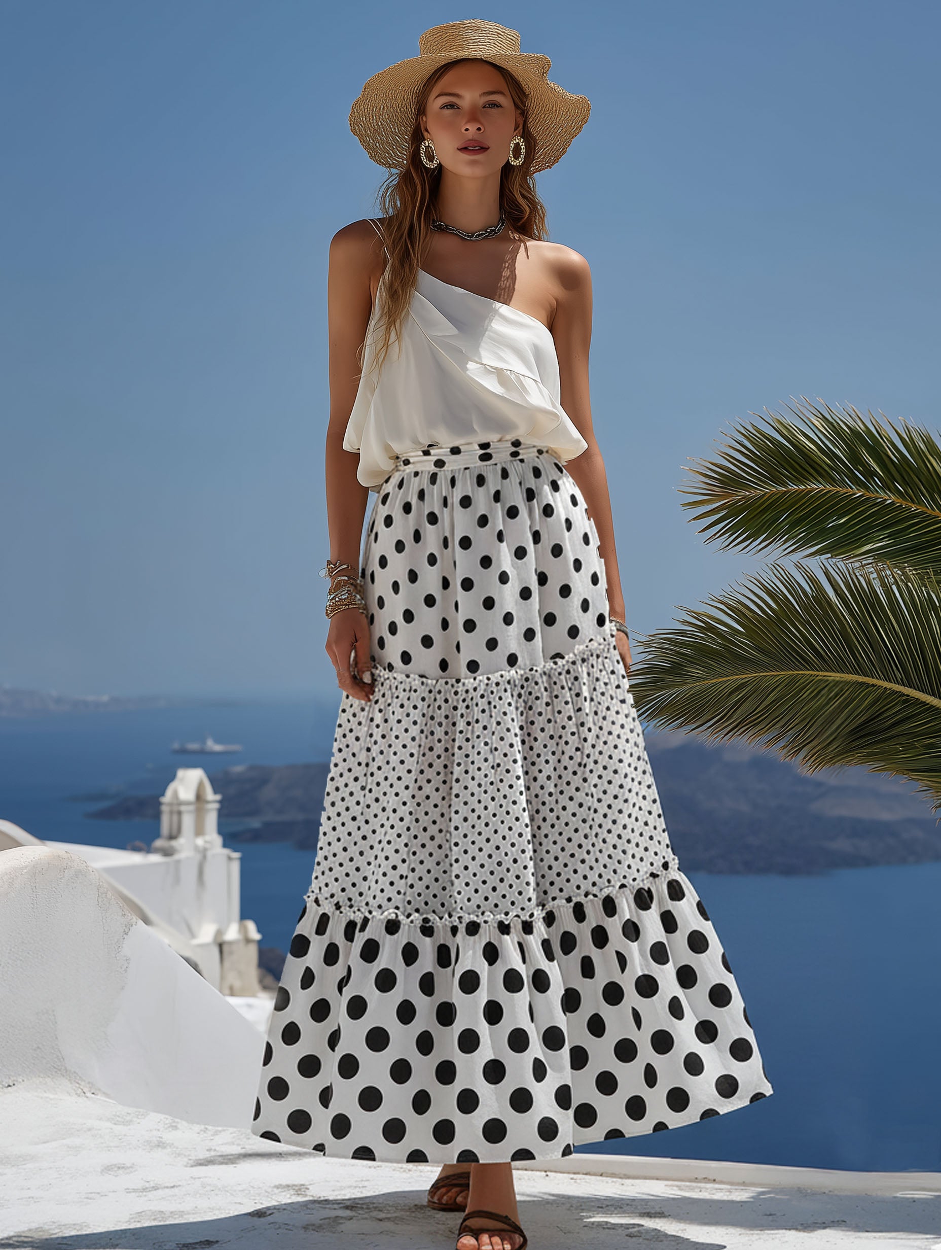 Fashionable Vacation-Style White Satin Top And Black Polka Dot Print Patchwork Skirt Set