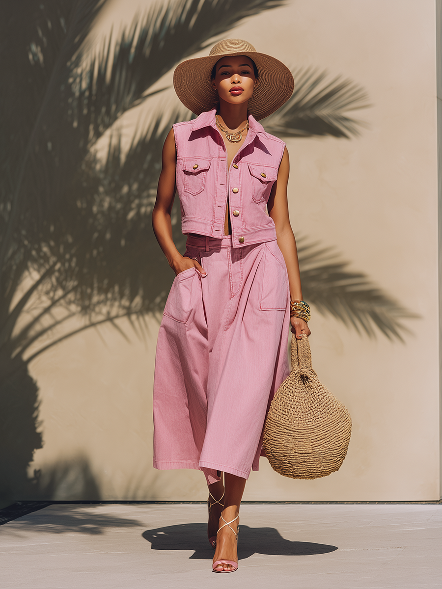 Trendy Vacation Sleeveless Top And Skirt Pink Denim Set
