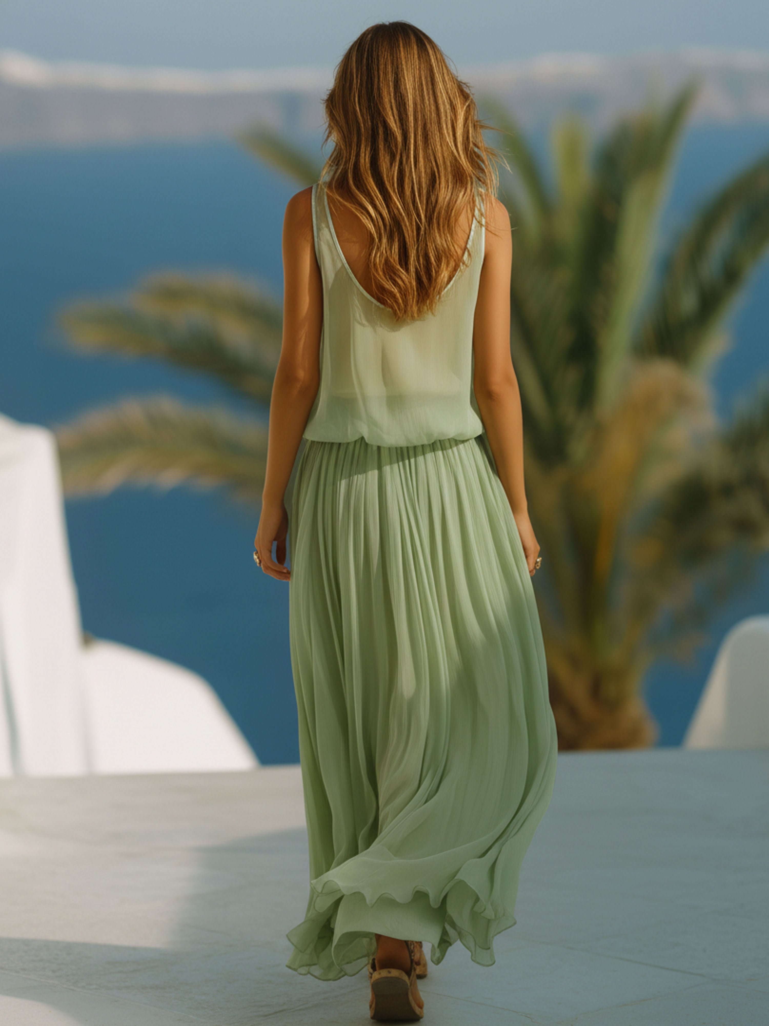 Vacation Light Green Chiffon Sleeveless Top And Long Skirt Set