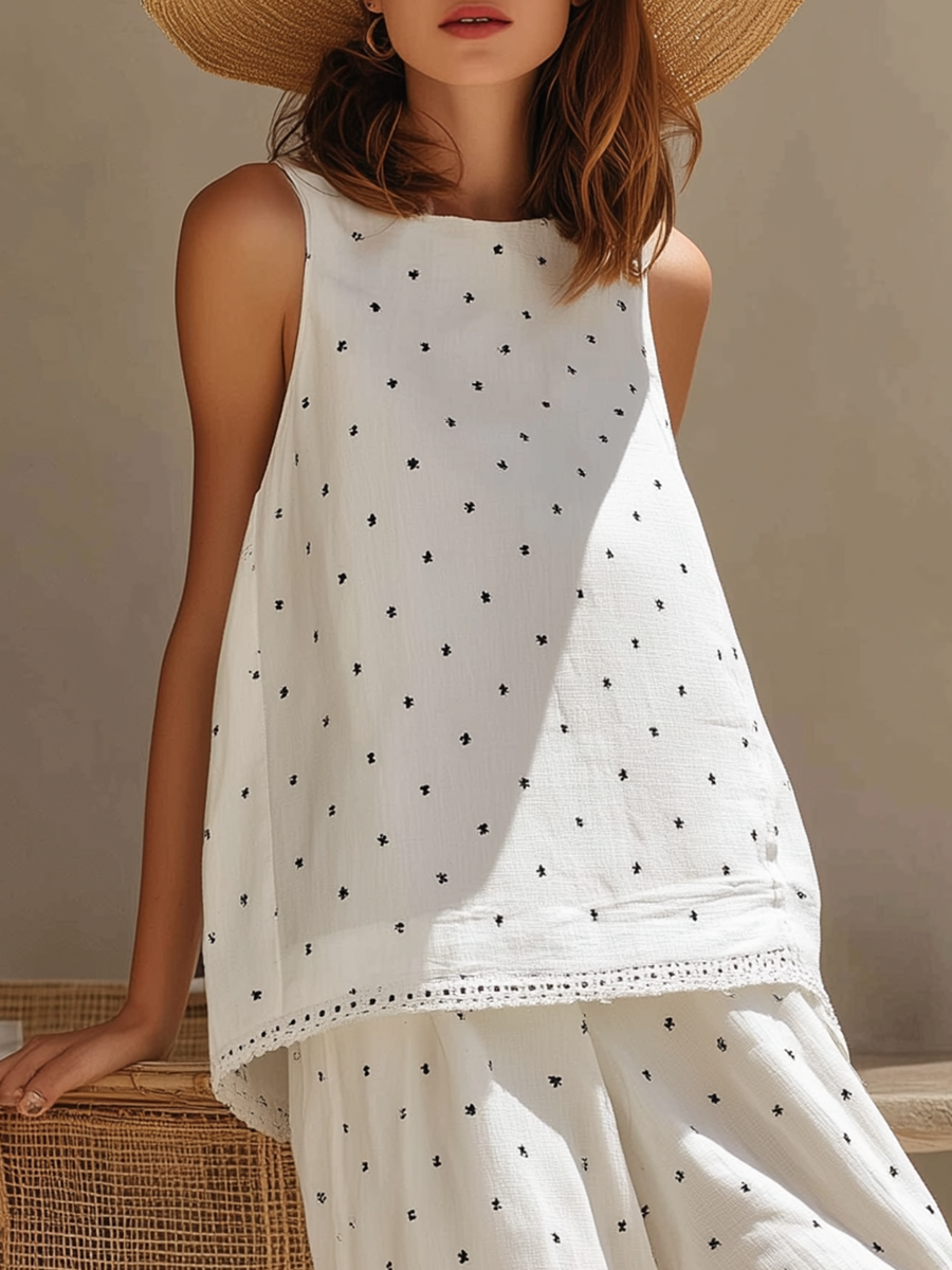 Minimalist Resort Black Polka-Dot Sleeveless Top With Lace Trim And Wide-Leg Pants Cotton-Linen Matching Set
