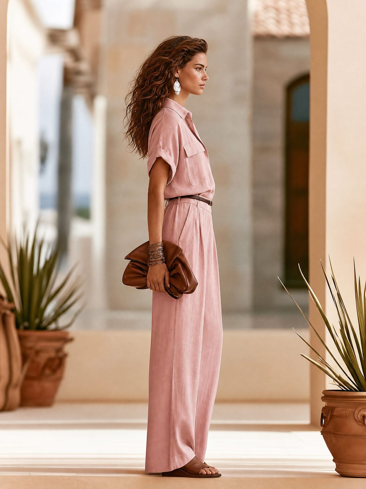 Elegant Blush Linen-Blend Shirt And Wide-Leg Trousers Set
