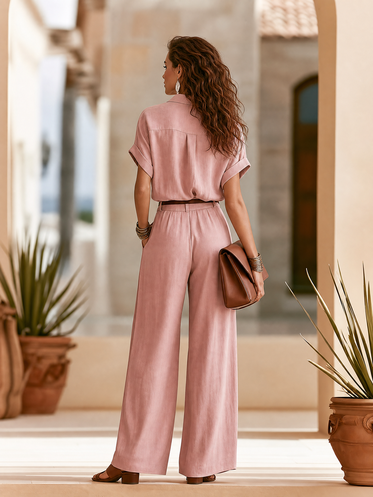 Elegant Blush Linen-Blend Shirt And Wide-Leg Trousers Set