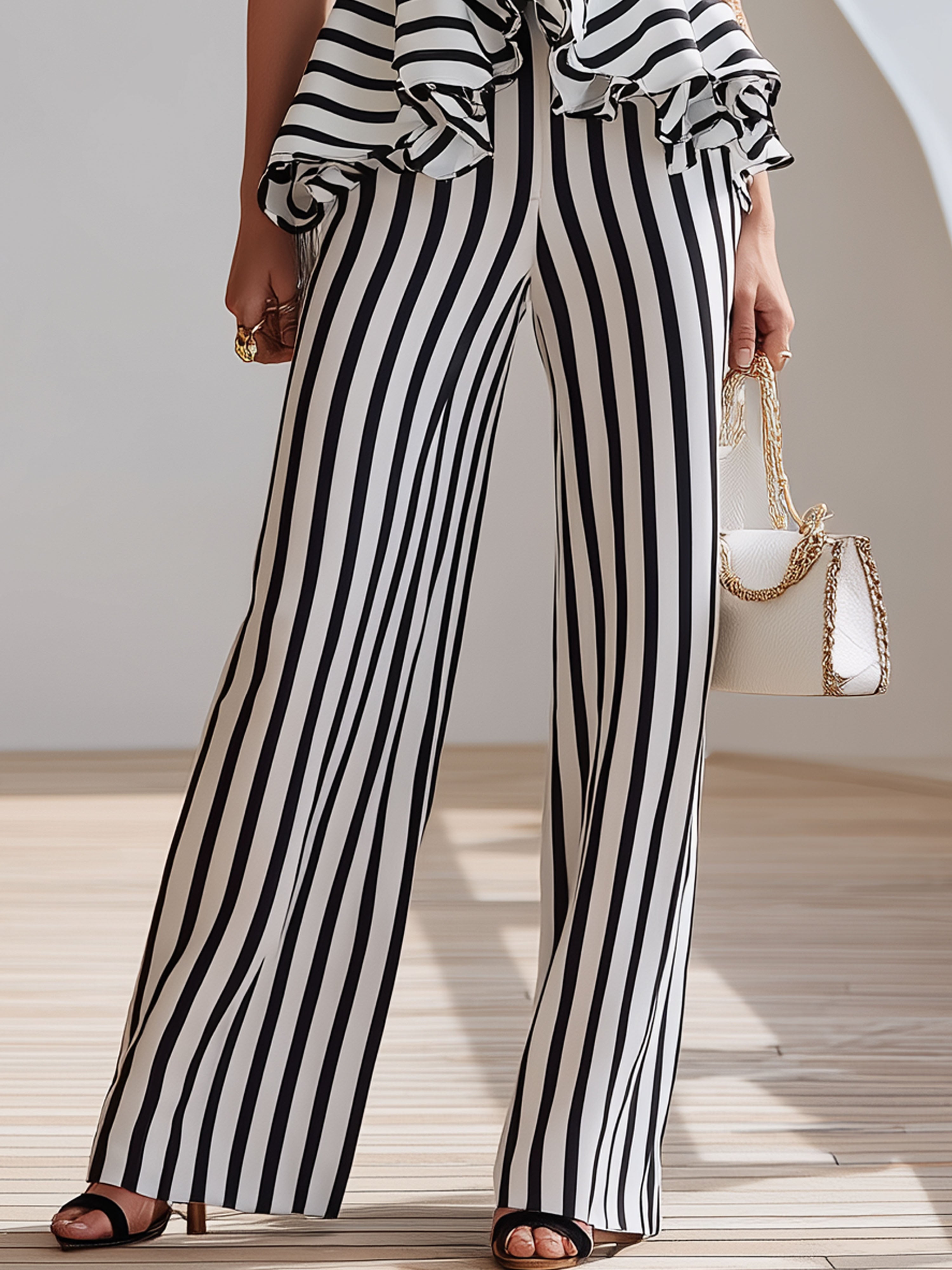 Elegant Vacation Black And White Striped Satin Ruffle Top And Trousers Set