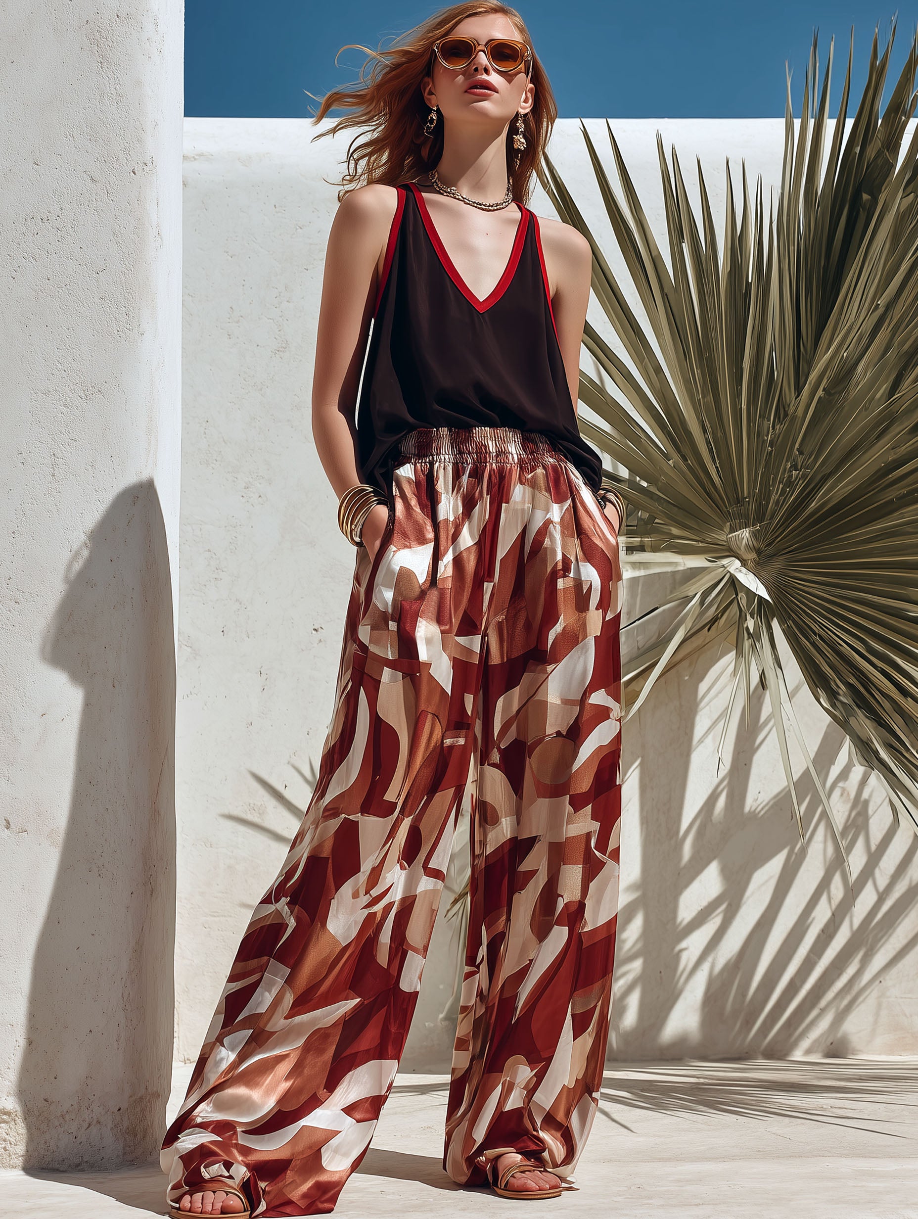 Resort-Style Tencel Black Top And Red Printed Trousers Set